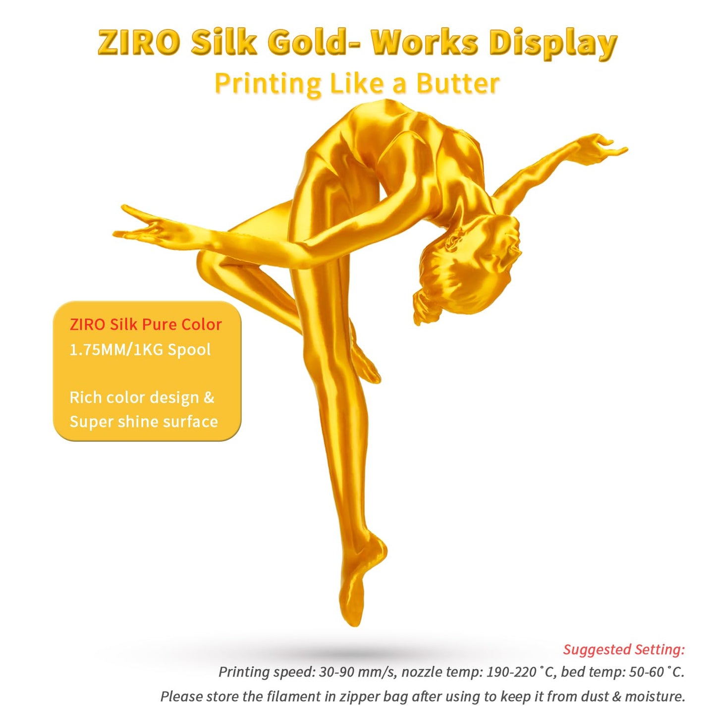 ZIRO PLA Silk Filament 1.75mm, 3D Printer Filament PLA Silky Series 1.75mm 1KG(2.2lbs), Dimensional Accuracy +/- 0.03mm, Gold