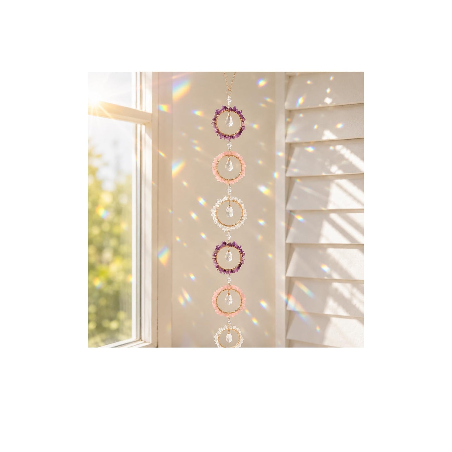 Pendlixy Emotional Healing Crystal Wall Decor Suncatcher, Amethyst Rose Quartz Clear Quartz Emotional Healing Hanging Crystals for Window, Stress Relief Gemstone Wall Hanging Gift