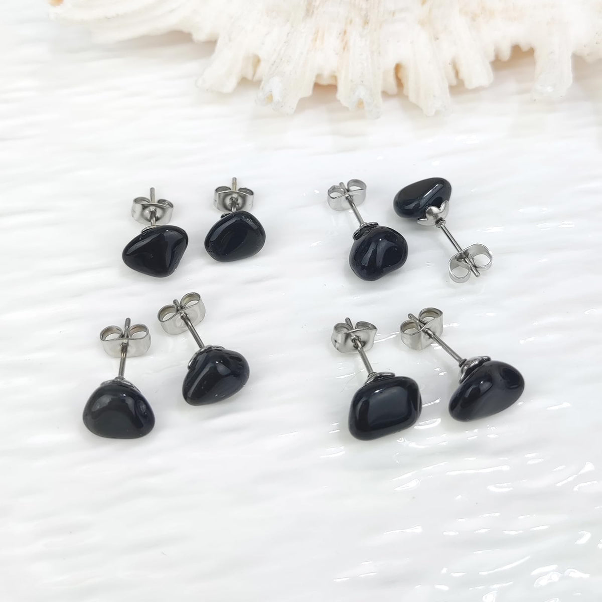 Obsidian Earrings, Healing Crystal Black Onyx Earrings with Hypoallergenic Stainless Steel, 8-12MM Natural Stone Black Stud Earrings for Women Men (Obsidian)