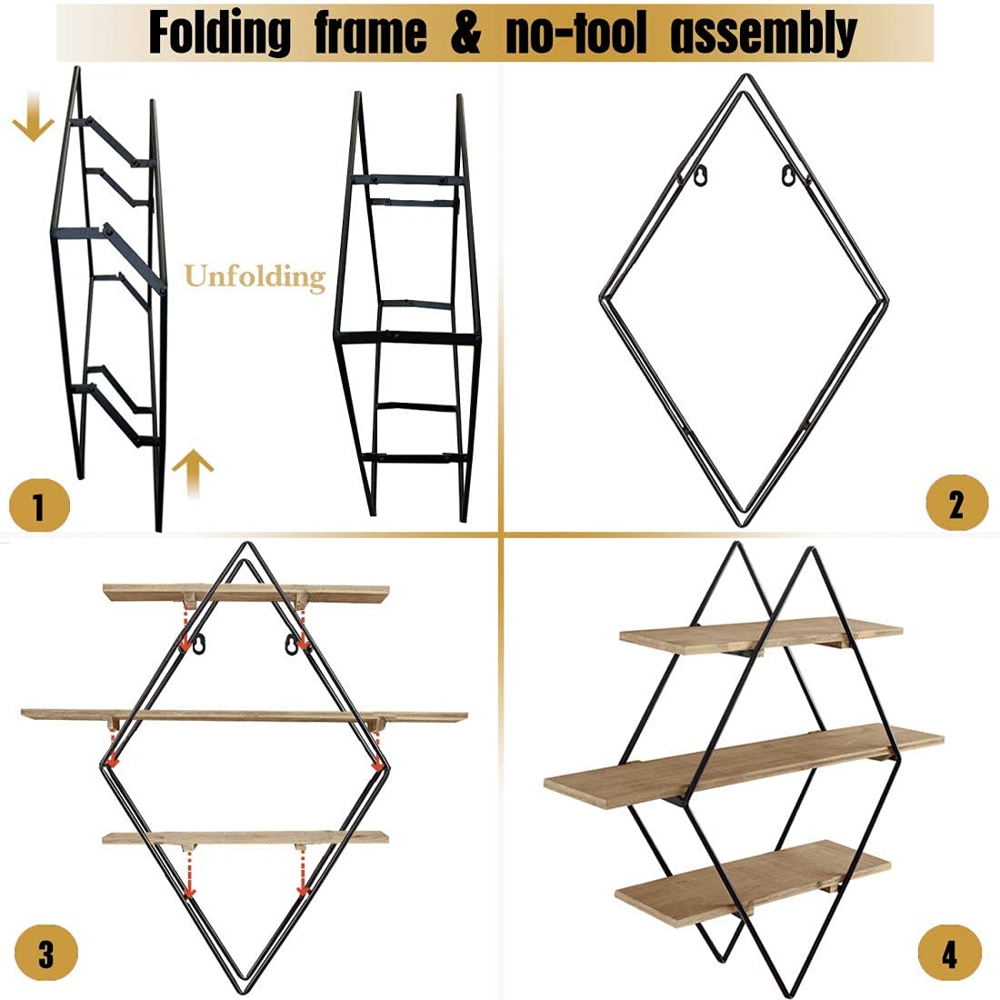 RiteSune Geometric Diamond Wall Shelves, 3 Tier Hanging Floating Display Shelf Decor for Bedroom Living Room Office, 24"X23.5"X6"