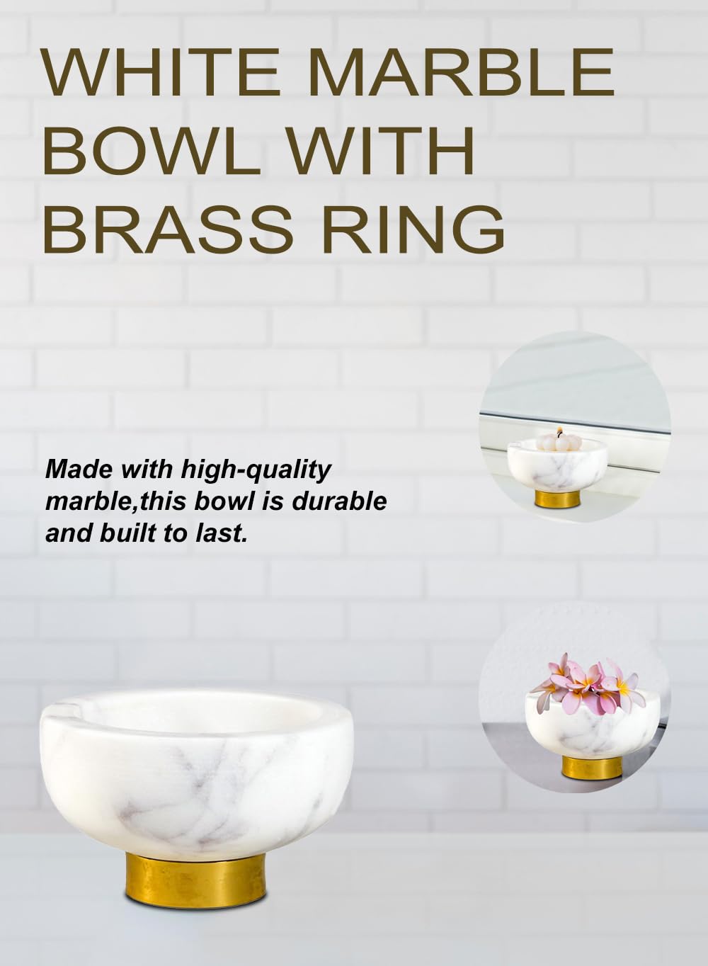 Serene Spaces Living White Marble Bowl with Brass Ring, Decorative Multi-Purpose Bowl - Use as Centerpiece Bowl, Fruit Bowl, Single