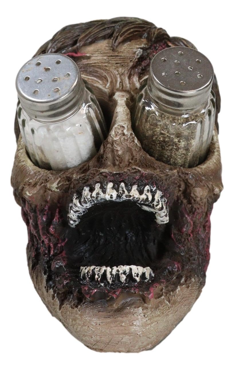 Ebros Walking Undead Gory Eyeless Zombie Head Salt And Pepper Shakers Holder Figurine Set With Glass Shakers 5.5"H Scary Decor Statue