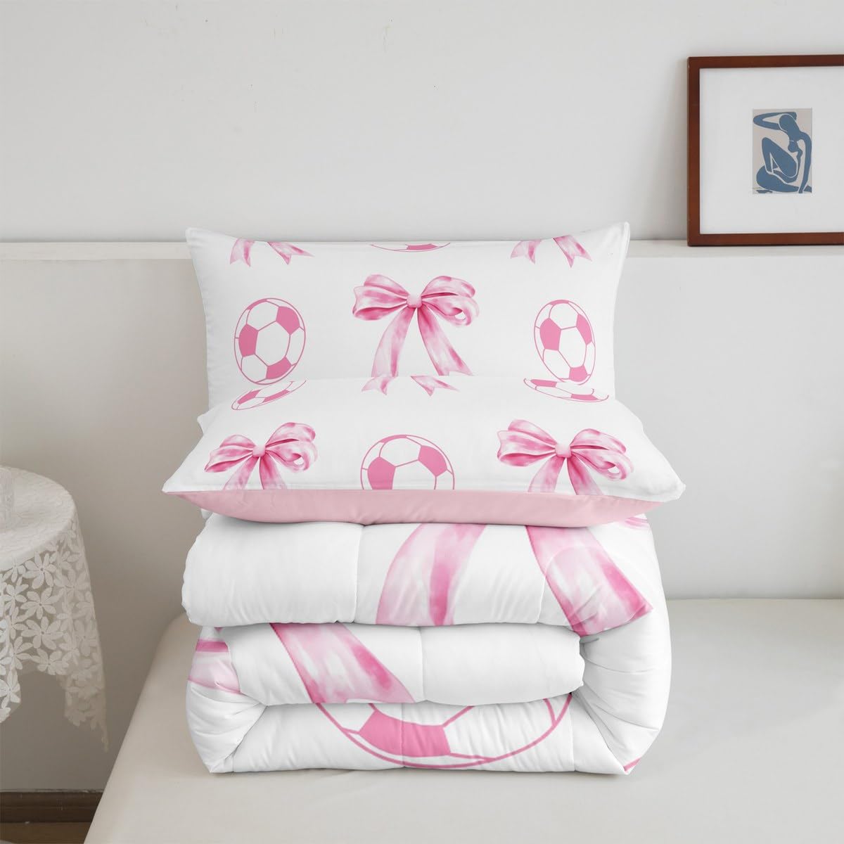 Football Sport Full Size Comforter Sets for Kids,Pink Bow Ball Pattern Bedding Sets Youth Women Teens Child Bedroom Decor,Cartoon Bowknot Soccer 3 PCS Quilt Set,Pink White Girly Duvet Insert