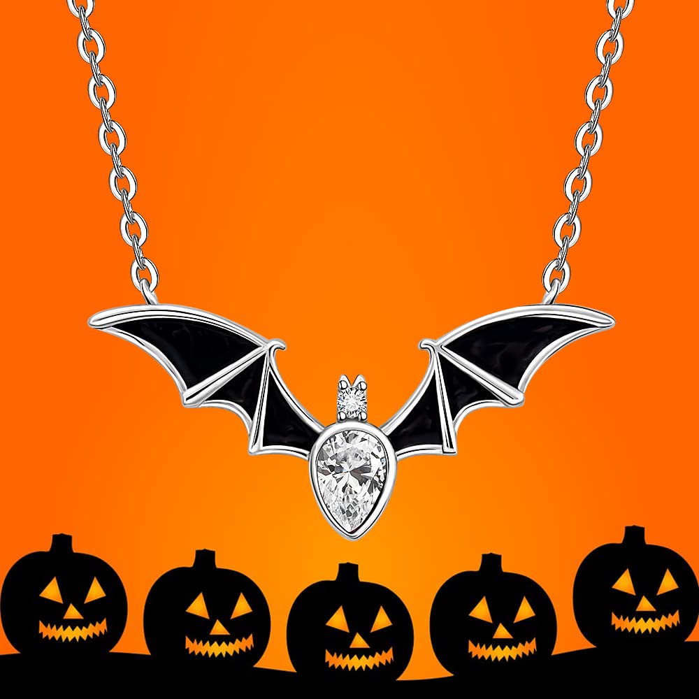 Halloween Bat Necklace for Women Sterling Silver 925 Bat Pendant Necklaces Charms Gothic Black Bats Jewelry CZ Crystal Dainty Vampire Witch Christmas Gifts