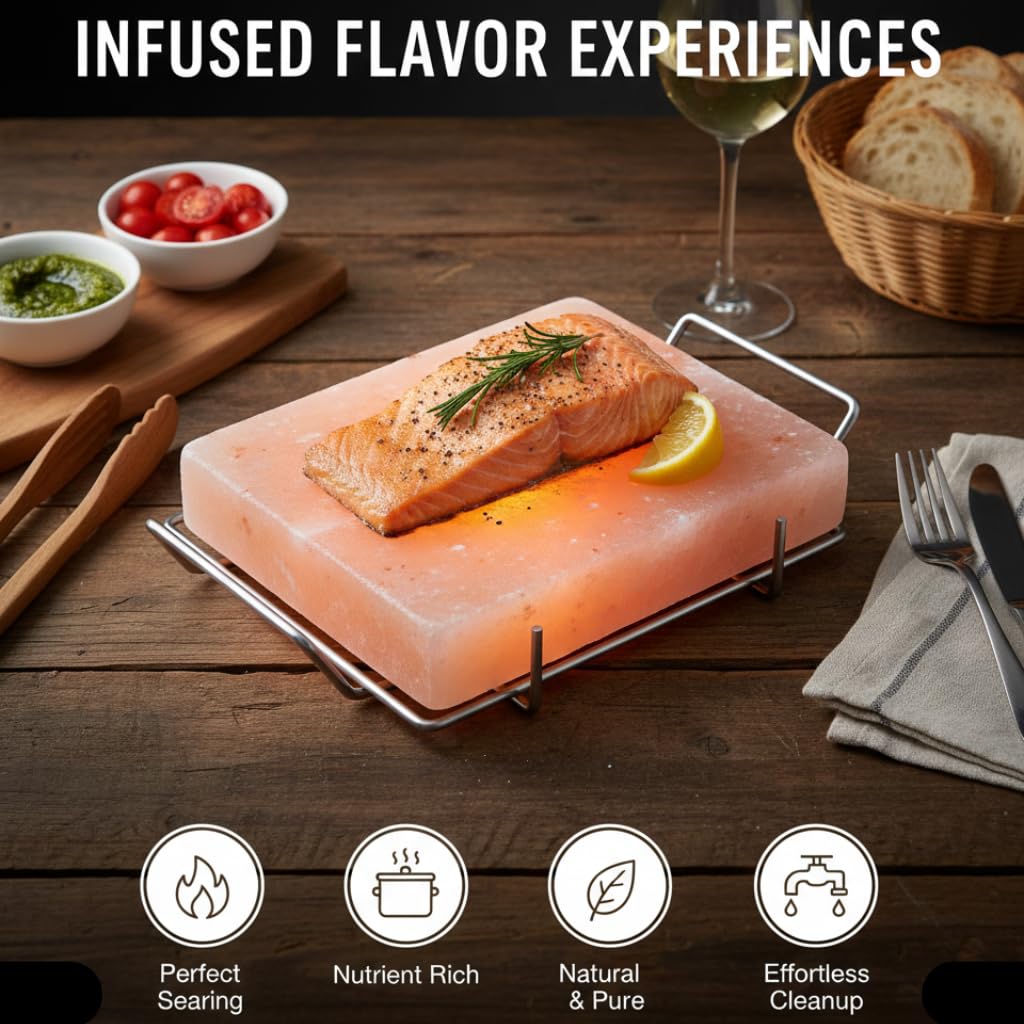 Himalayan Salt Block 8”x8”x1” for Grilling, Cooking, Cutting, and Serving - Food Grade Rock Salt Plate with Steel Tray, Salt Slab a Unique Gift for Men, Women, Chefs & Cooks.