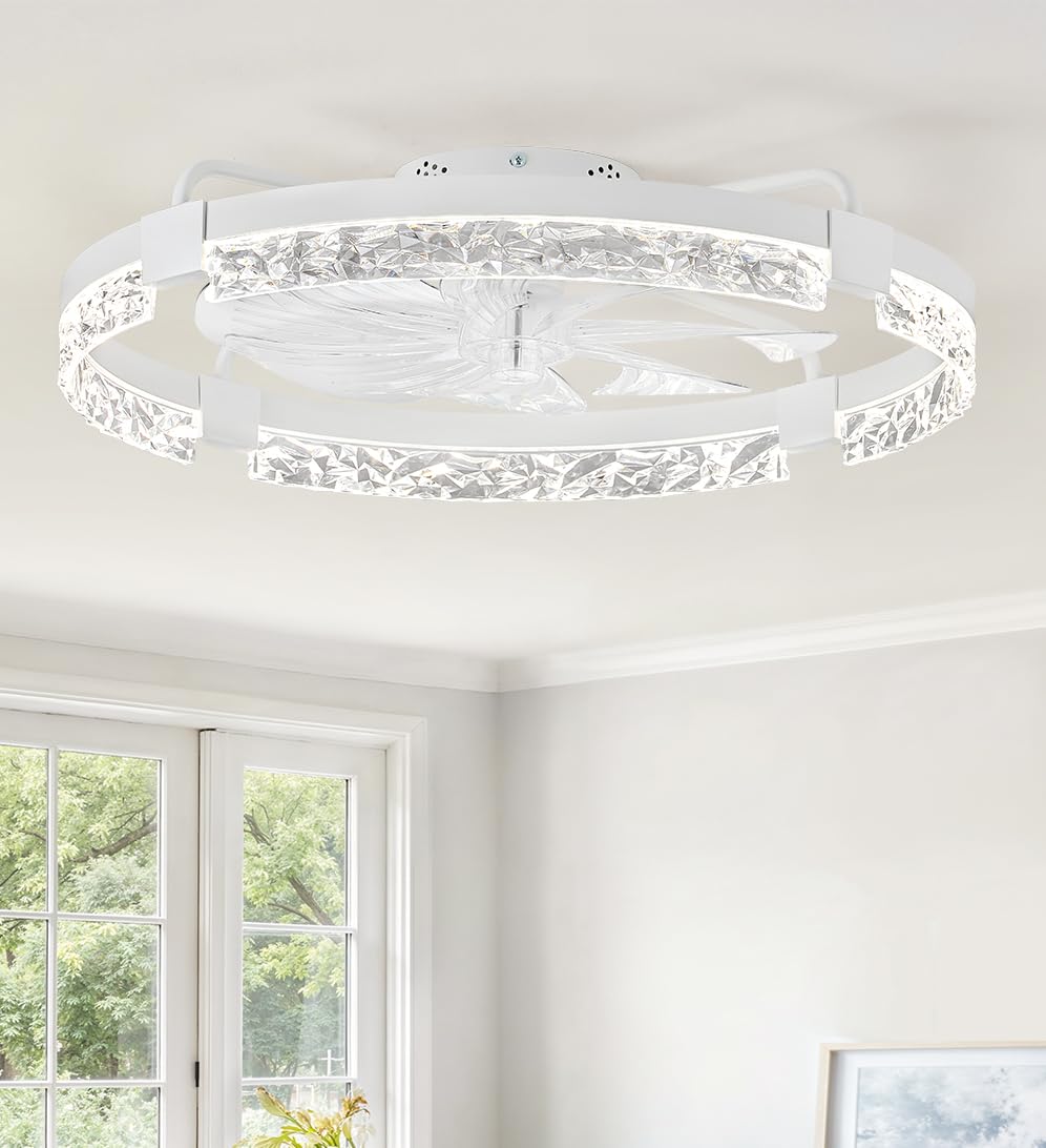 ZMISHIBO 24 Inch Flush Mount Ceiling Fan with Light, Bladeless Low Profile Enclosed Fan for Bedroom Kids Room, 6 Speeds Reversible DC Motor, 3CCT Dimmable Smart App Control
