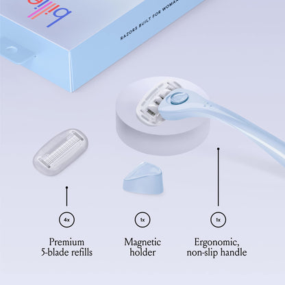 Billie Razors for Women Shave Kit – Women’s Razor + 4 x 5-Blade Razor Refills + Magnetic Holder – Cool Blue