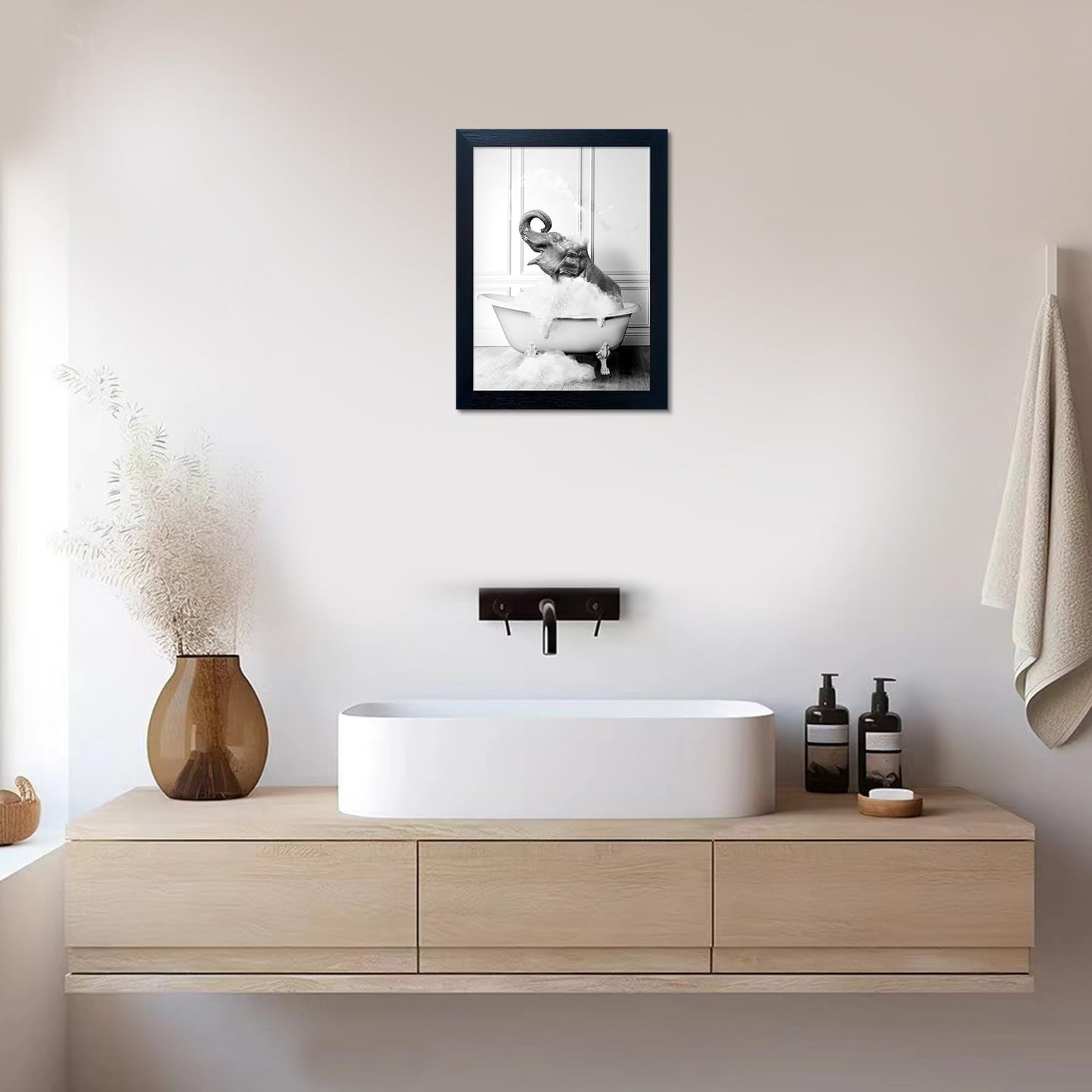 Bathroom Picture Wall Decor, Framed Black and White Bathroom Wall Art, Toilet Paper in Little Funny Raccoon's Hand Animal Canvas Print Painting