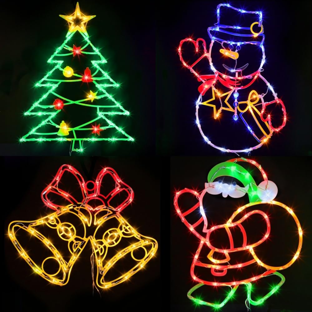 Pytopkto Christmas Decorations - 16" Christmas Window Silhouette Lights - 4 Pack Colour Lighted Christmas Tree ＆ Snowman ＆ Santa ＆Bell for Holiday Indoor and Outdoor Wall Door Window Decorate