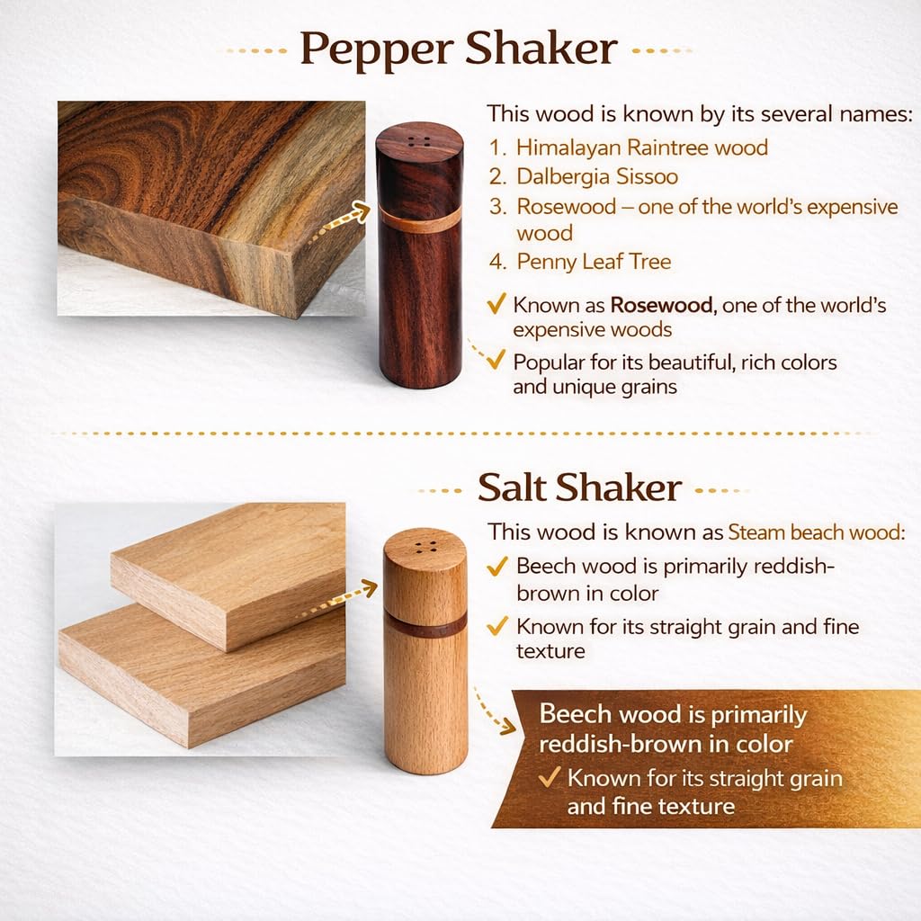 Wooden Salt & Pepper Shaker Set of 2 | Premium Oak & Rosewood | Tabletop Spice Shakers for Dining Table & Kitchen