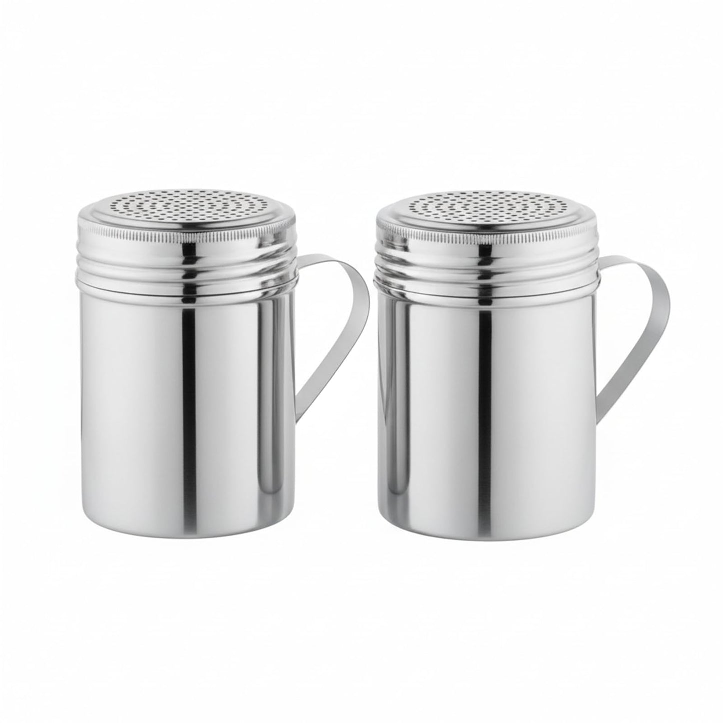 Notana Stainless Steel 10 Ounce Dredge Shakers with Handle for Powder Sugar, Flour Duster for Baking, Seasoning Shaker, Salt and Pepper Shakers, Cinnamon Sugar Dispenser for Kitchen (2-PACK)