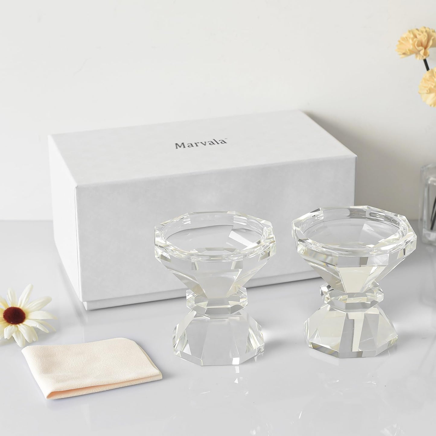 Marvala Crystal Candle Holders, Pillar Candlestick Set of 2, Modern Elegant Tall Crystal Candlesticks for Wedding Centerpieces, Christmas, Dining Table, Home, Party Decor