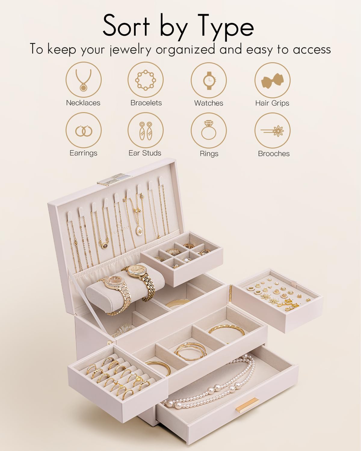Vlando 3 Layer Jewelry Box - Women Jewelry Box with Retractable Tray - Jewelry Organizers with Drawer for Necklaces, Rings, Bracelets, Earrings, Gift for Couples Mom Girls - Pink