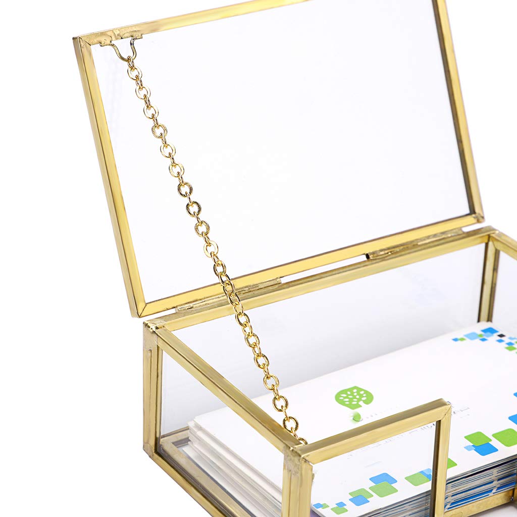 Hipiwe Glass Business Card Holder Box with Lid - Desktop Name Card Display Box Organizer Gold Metal Business card Container Box for Office Countertop