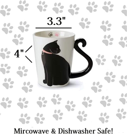 VOTUM Black Cat Ceramic White Coffee or Tea Mug - Animal Shaped Cup with Hand Printed Designs - Cute Handmade Gift for Men or Women Cat Lovers - 12 Fluid Ounce