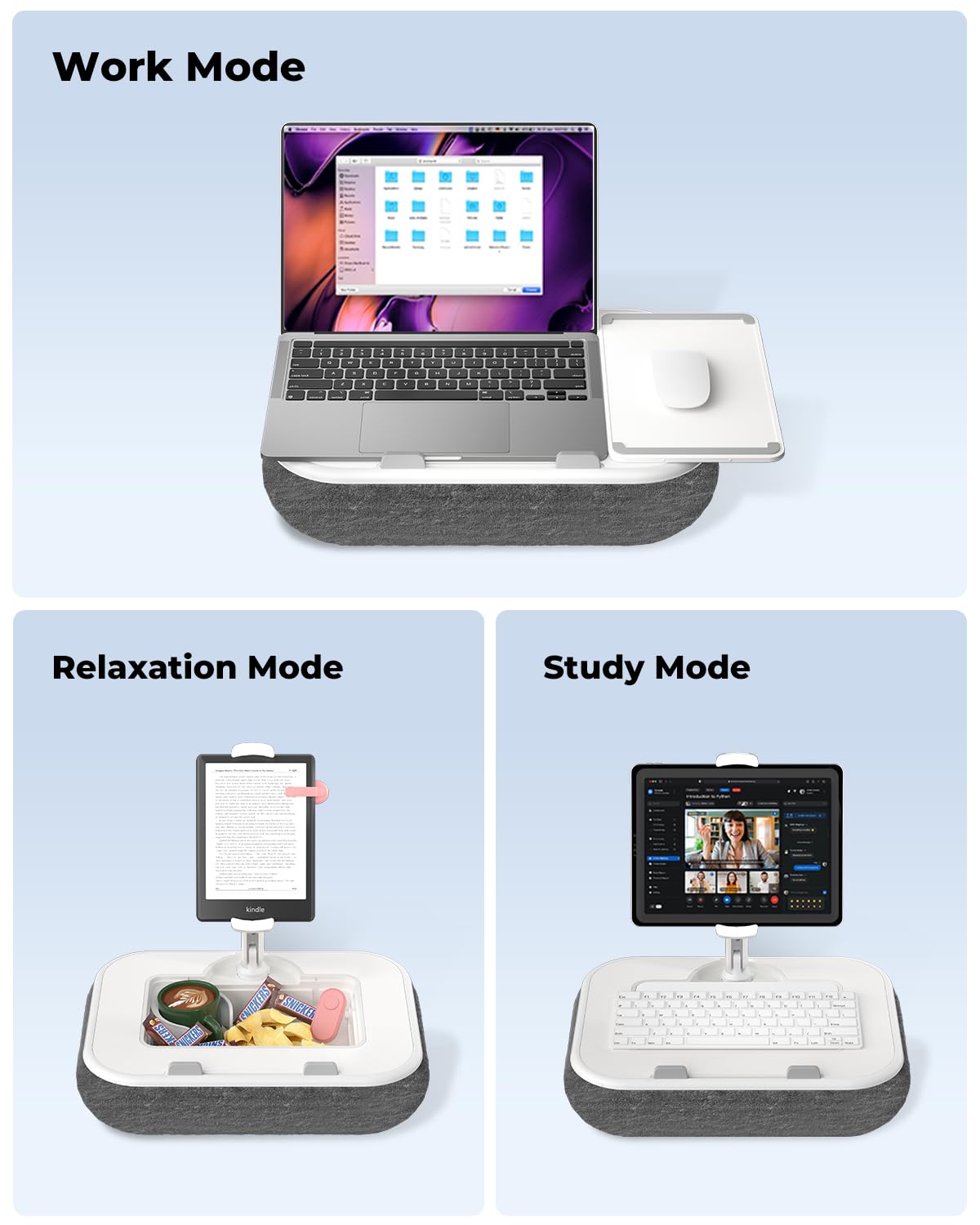 Viozon Kindle Pillow Stand Holder, Phone Holder for Bed, Laptop Lap Desk with Mouse Pad,Compatible with 4.7-13" Kindle/Tablet/Phone,10-15" Laptop, Snack Bowl&Cup Attachment&Detachable 360°Stand Arm