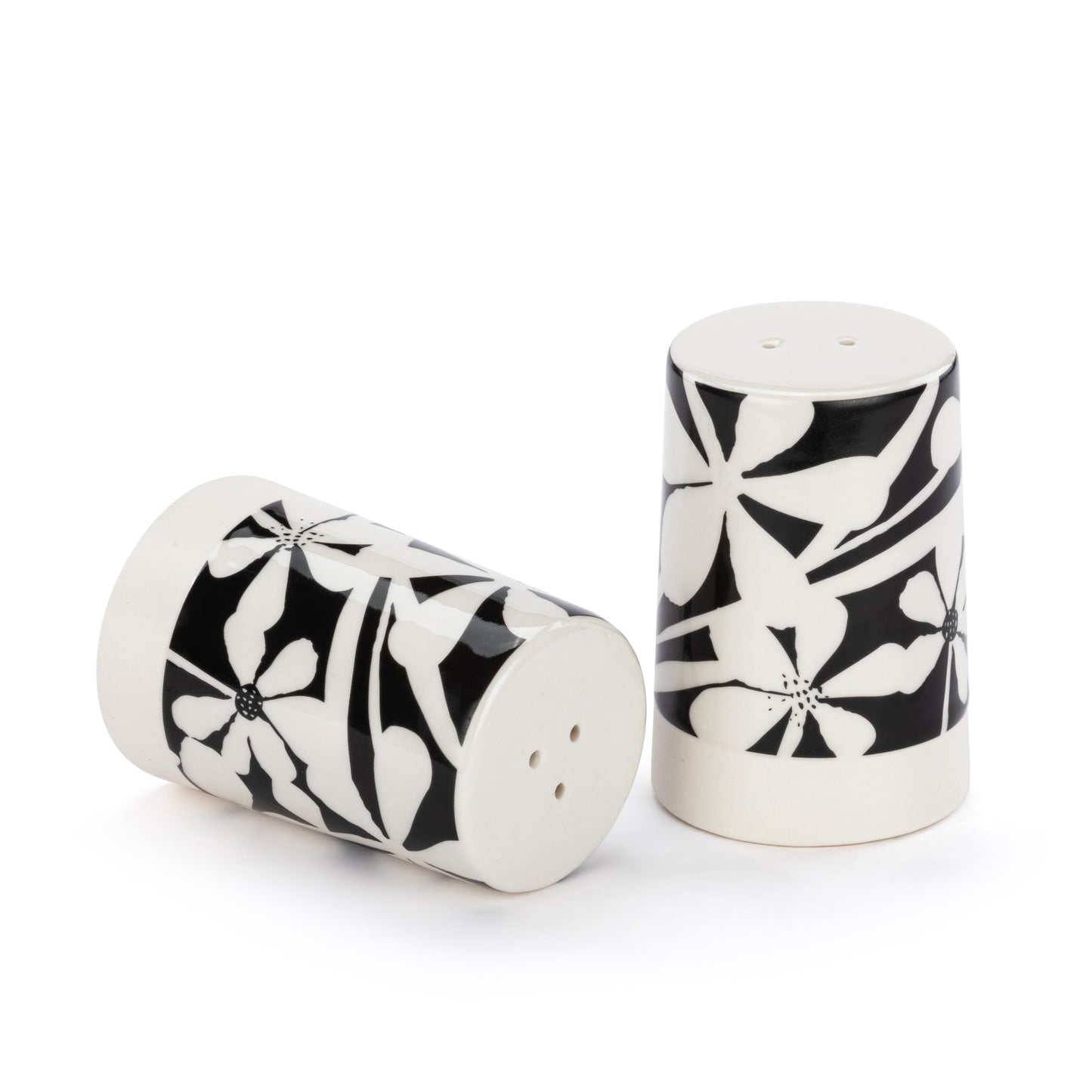 DEMDACO Black and White Bold Floral - by Lori Siebert - 3 Inch Stoneware Salt and Pepper Shaker Set