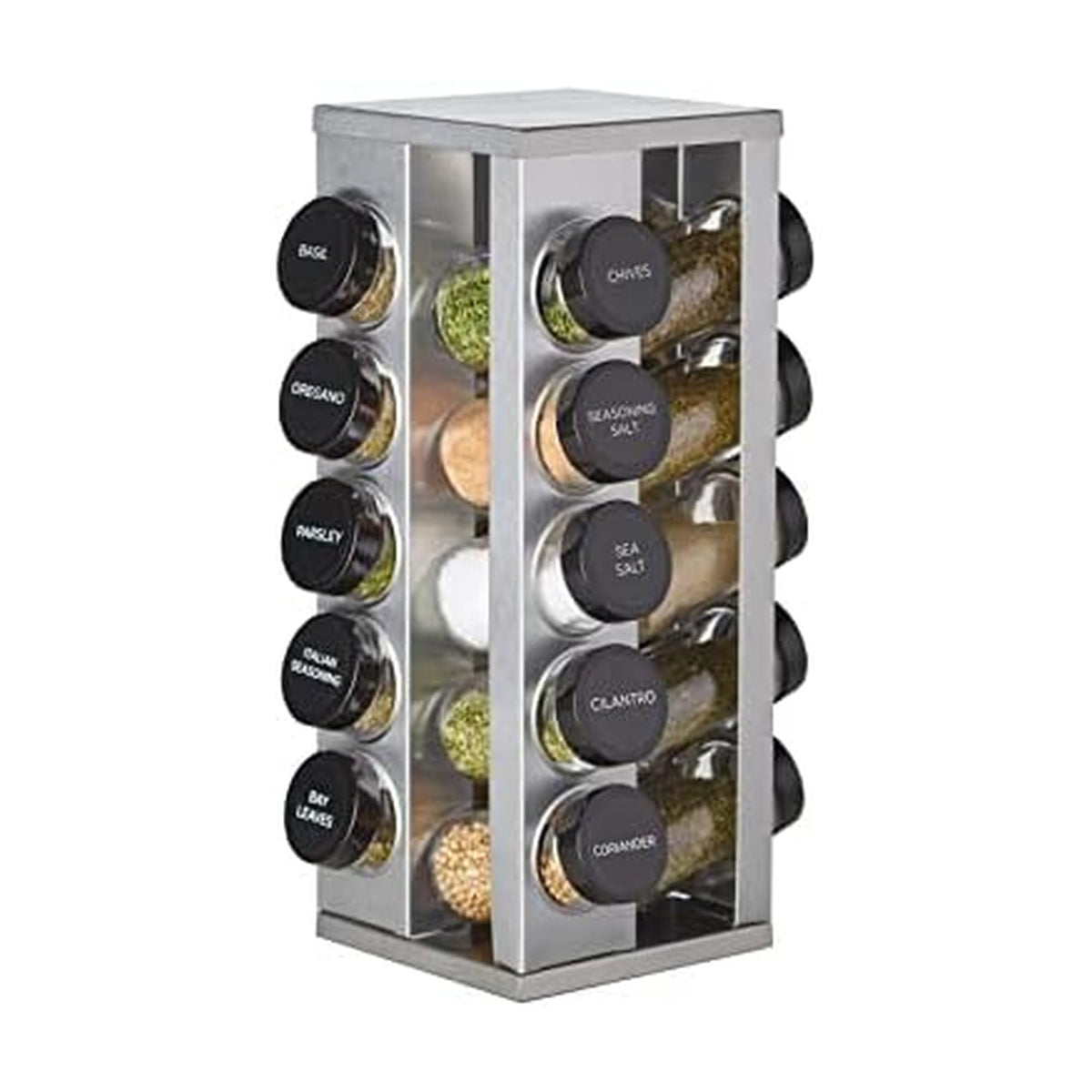 Kamenstein 20 Jar Heritage Revolving Countertop Spice Rack Organizer with Spices Included, FREE Spice Refills for 5 years, Brushed Stainless Steel with Black Caps