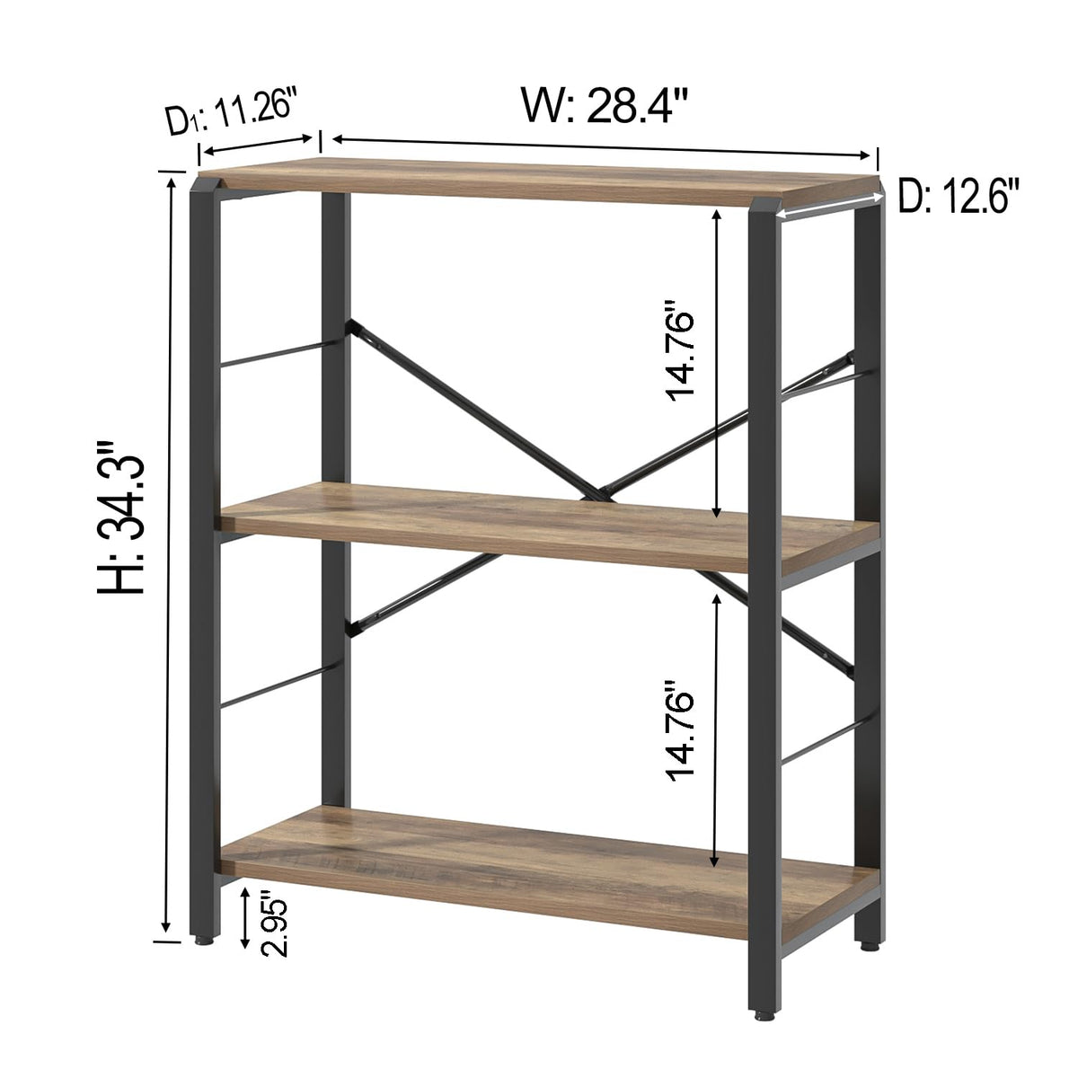 FOLUBAN Small Bookshelf, 3 Tier Open Book Shelf, Rustic Wood and Metal Shelving Unit for Small Space, Oak