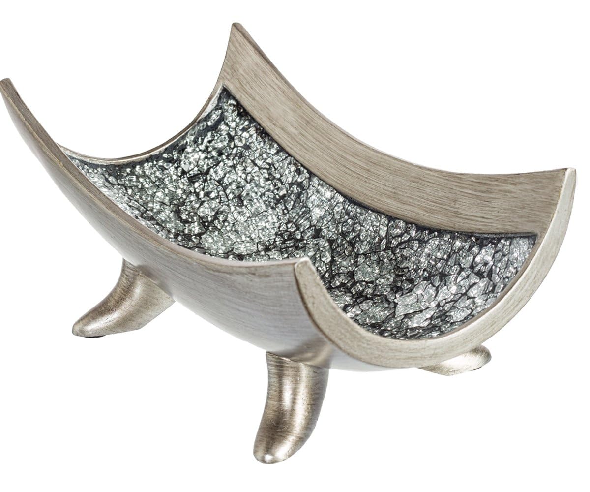 Creative Scents Schonwerk Silver Centerpiece Bowl with Matching Pillar Candle Holder Set of 2 Crackled Mosaic Design- Functional Table Decorations - Centerpieces for Dining/Living Room - Best Gift