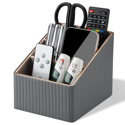 KINGFOM 3 Slot PU Leather Remote Controller Holder, Home Sundries Storage Box, TV Guide/Mail/CD Organizer/Caddy/Holder with Free Cable Desk Organizer (Gray)