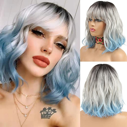 NOBLE Blue Short Bob Curly Wig With Bangs for White Women - Colorful Wavy Heat Resistant Synthetic Silver Blue Wig for Daily Party Cosplay Costume