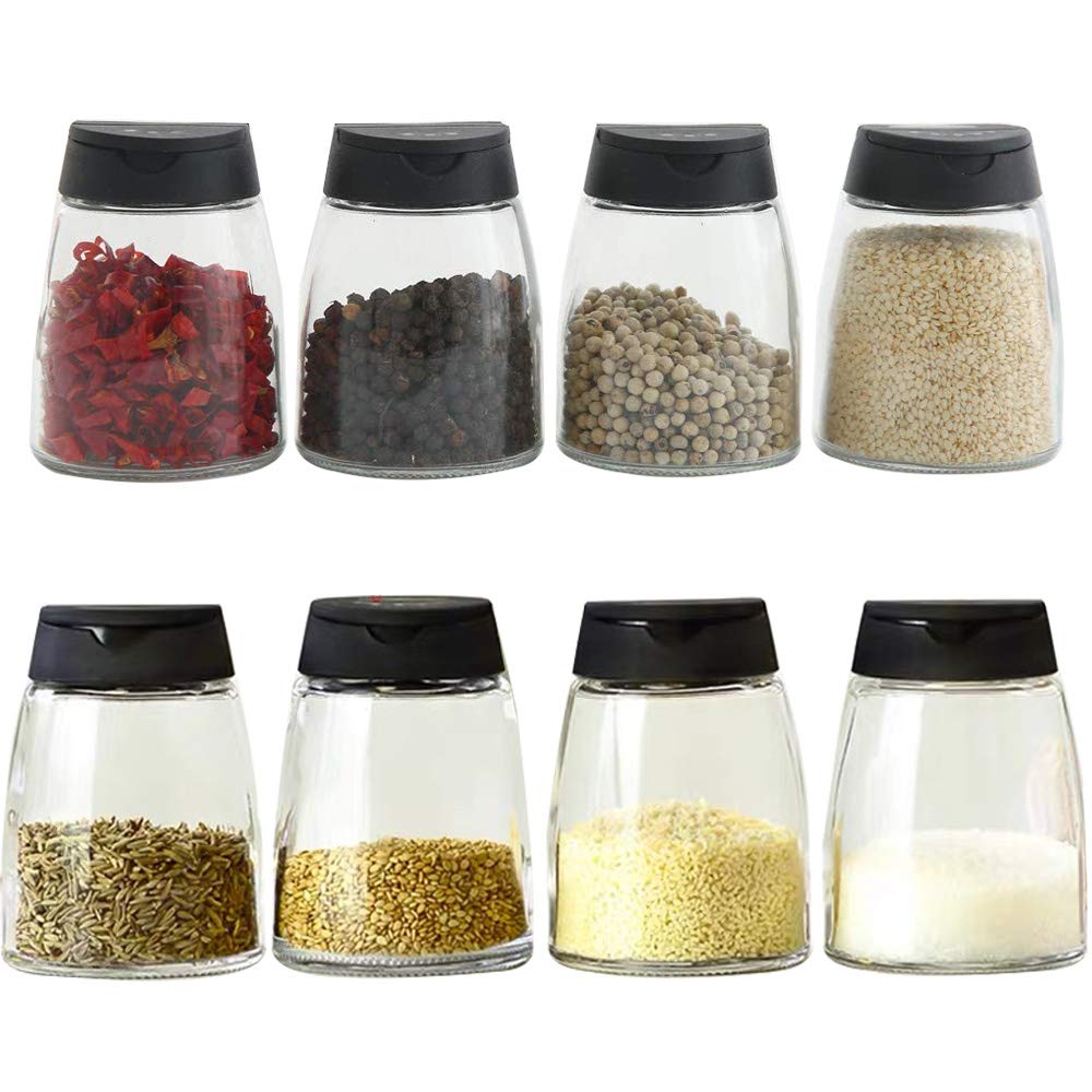 Glass Spice Jars, Double Lids Seasoning Shakers Glass Bottles Spice Shakers Sifter Barbecue Salt & Pepper Shaker Container (8PCS）