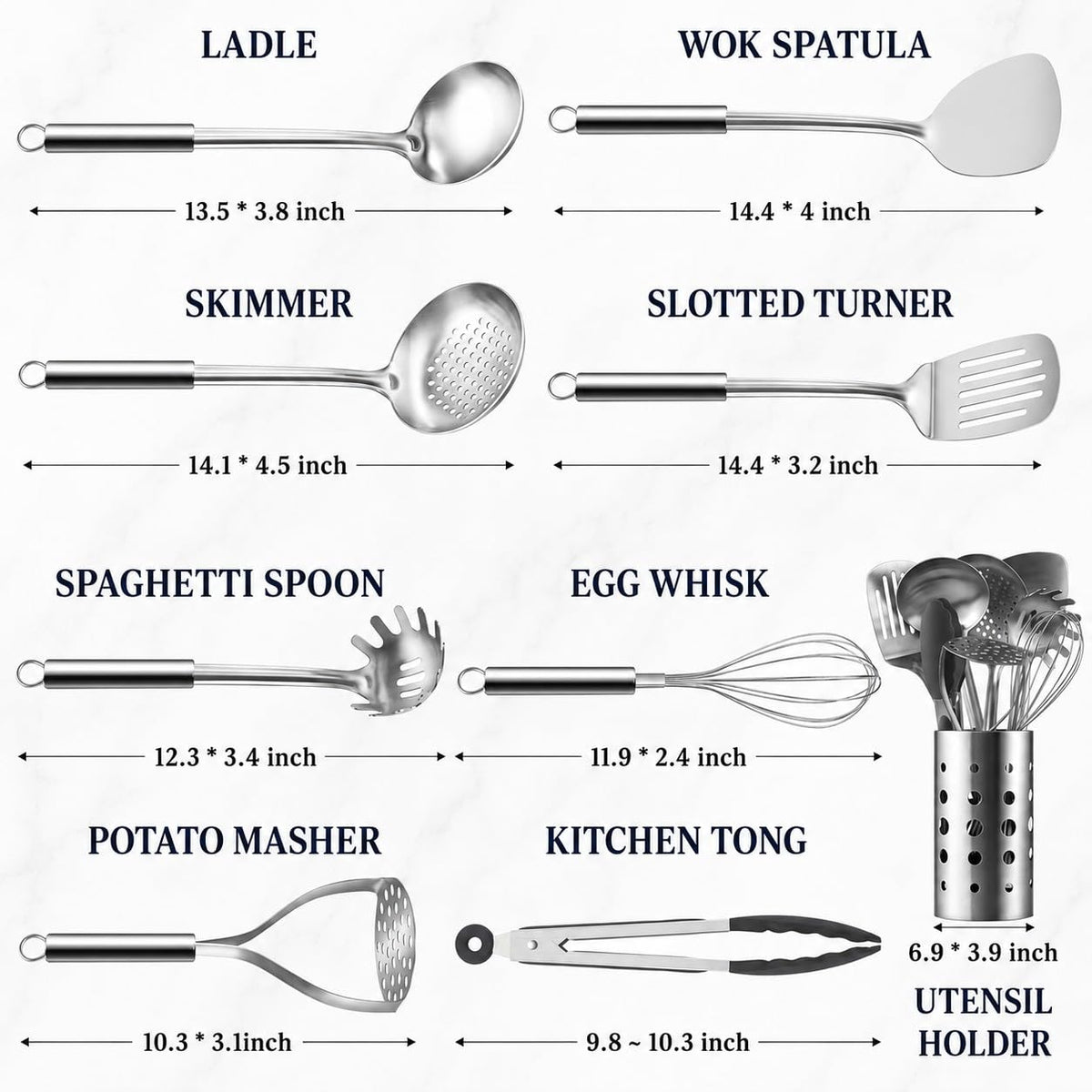 Pleafind Cooking Utensils Set - 9 PCS Stainless Steel Kitchen Utensils Set with Utensil Holder, Heat Resistant Wok Utensils Set, Kitchen Tools Set with Spatula, Ladle, Slotted Spoon, Dishwasher Safe