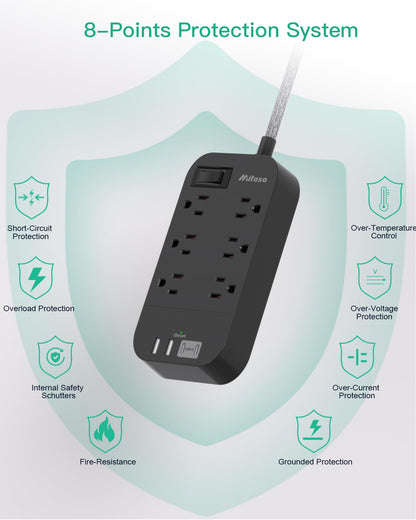 Power Strip - 10 FT Long Flat Plug Extension Cord, 6 Outlets 2 USB A 2 USB C Ports Outlet Extender with Overload Protection, Wall Mount, Desktop Charging Station for Home, Office and Dorm Essential