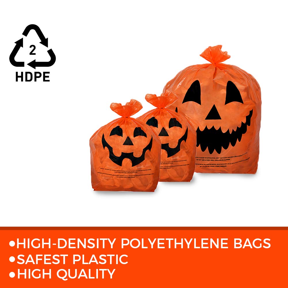 KINREX Halloween Leaf Bags Pumpkin Plastic Lawn and Leaf Bags Decoration - Outdoor Fall Trash Bag Decor - Orange Jack O Lantern - Pack of 3 with Twist Ties