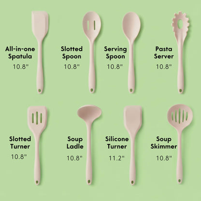 Non-Toxic Platinum Silicone Kitchen Utensil Set of 8 – Non-Scratch Cooking Spoons & Spatulas, 100% Plastic Free, Stainless Steel Core, Heat Resistant 500°F, Beige