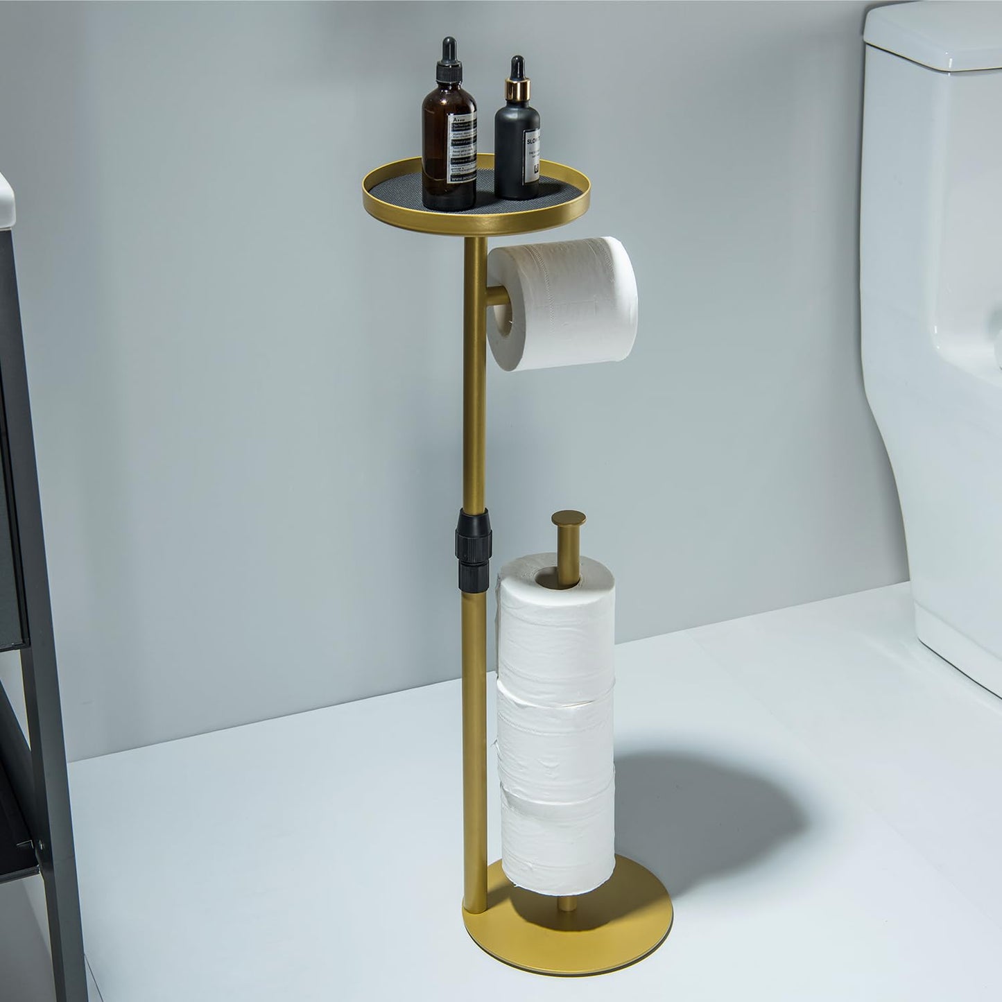 ZBMDDEY Toilet Paper Holder Stand, Bright Gold, for Bathroom Floor Standing, Adjustable Height and Heavy Paper Holder Stores 4 Reserve Rolls