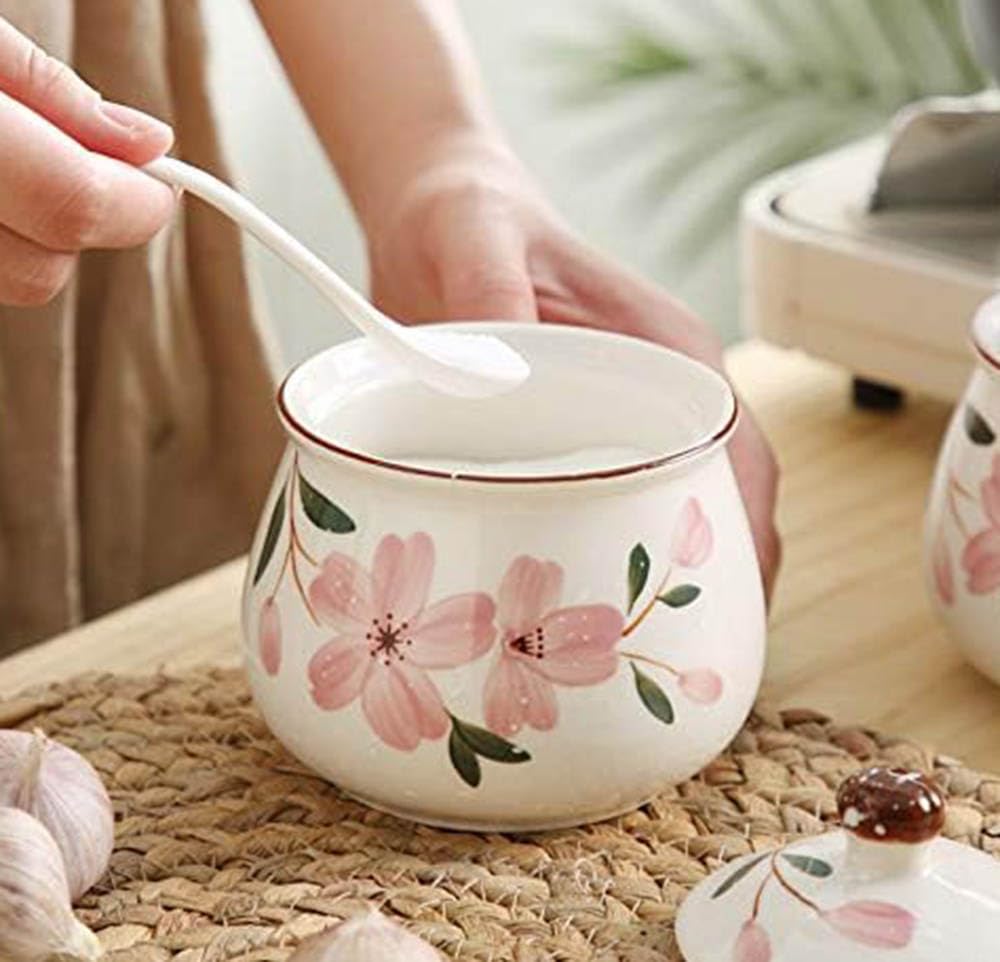 Ceramic Sugar Bowl, Flower Pattern Seasoning Jar with Lid Spoon, Sugar Pot