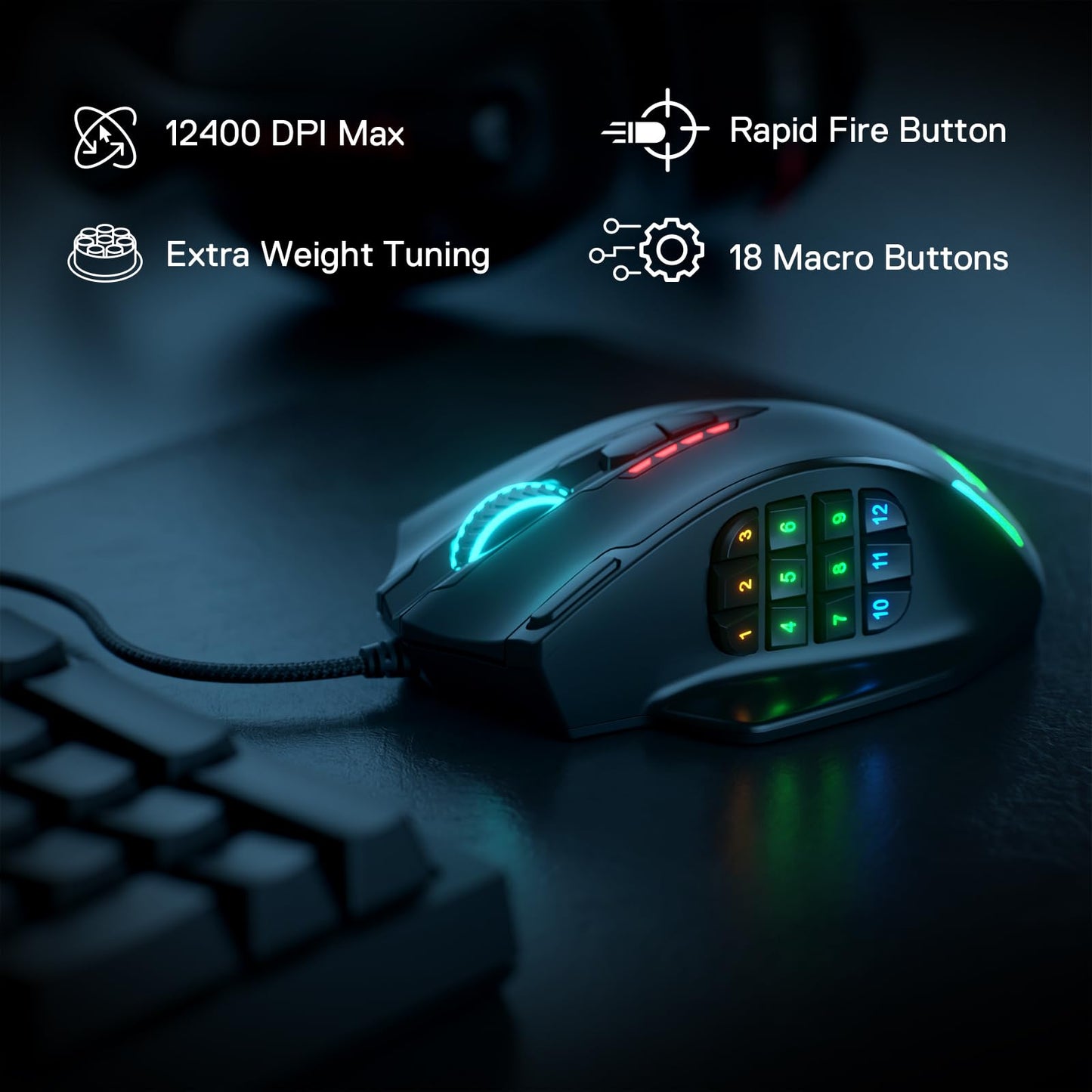 Redragon M913 Impact Elite Wireless Gaming Mouse, 16000 DPI Wired/Wireless RGB Mouse with 16 Programmable Buttons, 45 Hr Battery and Pro Optical Sensor, 12 Side Buttons MMO Mous