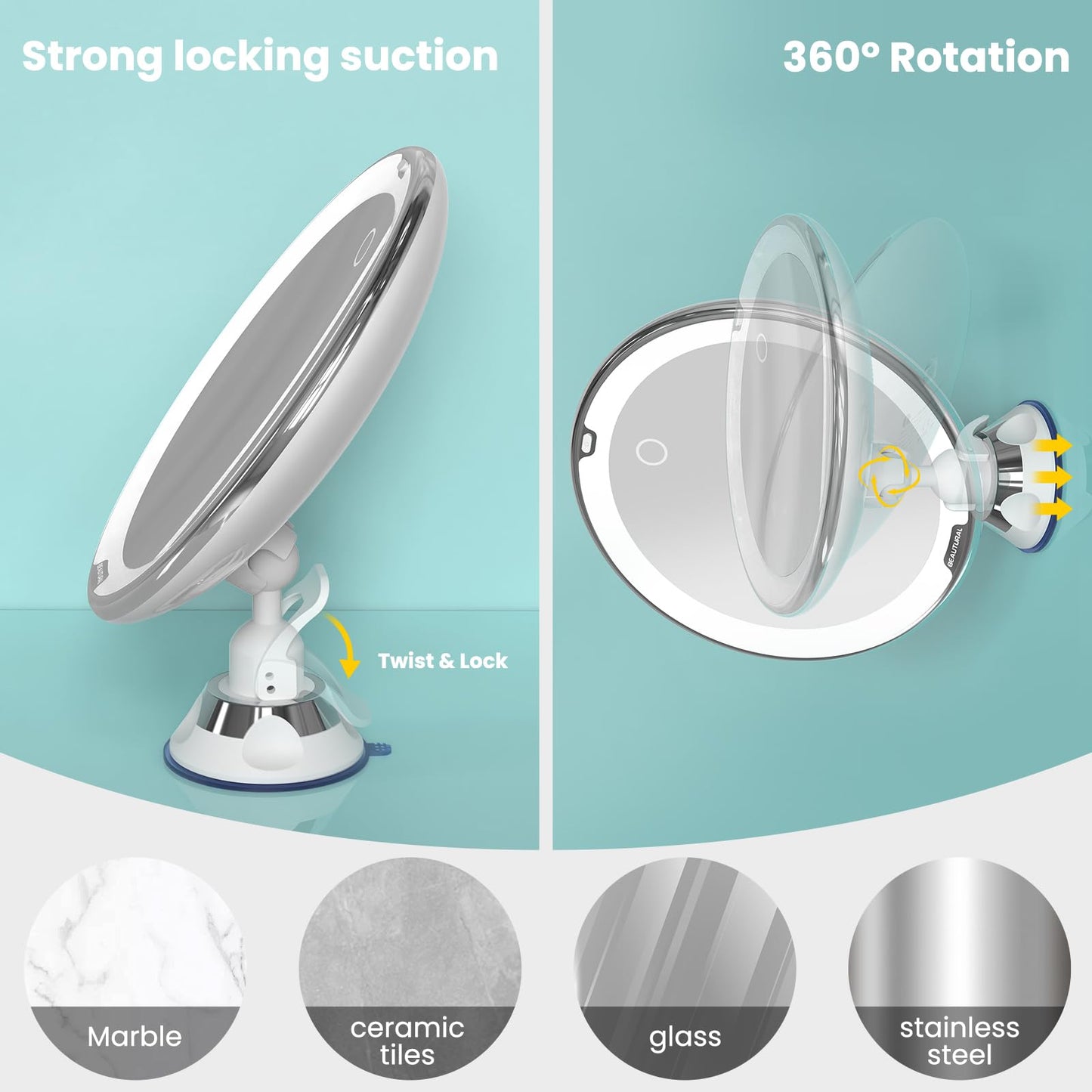 BEAUTURAL Makeup Mirror, 10X Magnifying Lighted Vanity Daylight White LED, Portable Illuminated Bathroom Mirror, 360 Degree Swivel Rotation and Locking Suction