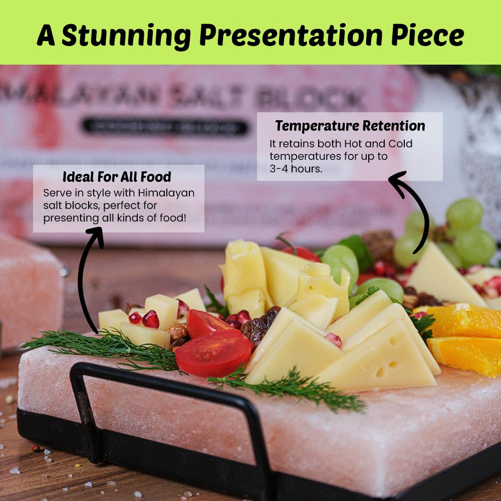 POHS Himalayan Salt Block Cooking Plate 12x8x1.5 for Cooking, Grilling, Cutting and Serving, with Metal Tray & Recipe Booklet Unique Gifts for Men, Women, Chefs & Cooks