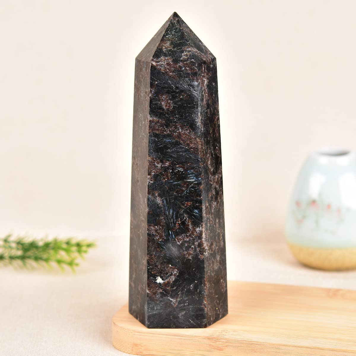 MOGEMT Large Astrophyllite Quartz Healing Crystal Tower Black Firework Stone Obelisk 6 Faceted Single Point Wand Reiki Chakra Meditation Therapy 1.5-2.0 LBS