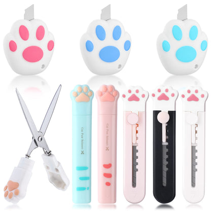 9 Pcs Mini Cute Box Cutter Scissors Knives Set Carton Cat Paw Stainless Steel Cutter Letter Opener Portable Retractable Utility Knives for Package Paper Cut Home DIY Scrapbook Crafting Back to School