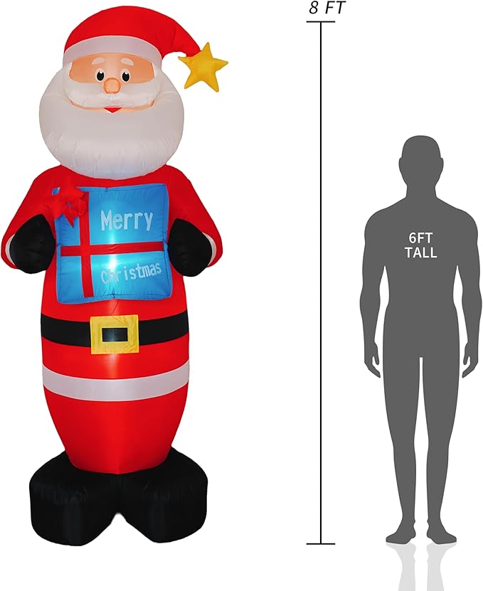 Christmas 8FT Inflatables Santa Claus with Gift Box and Build-in LED Lights, Xmas Blow up Gift for Indoor, Outdoor, Party, Yard, Garden, Lawn, Blow Up Holiday Decoration