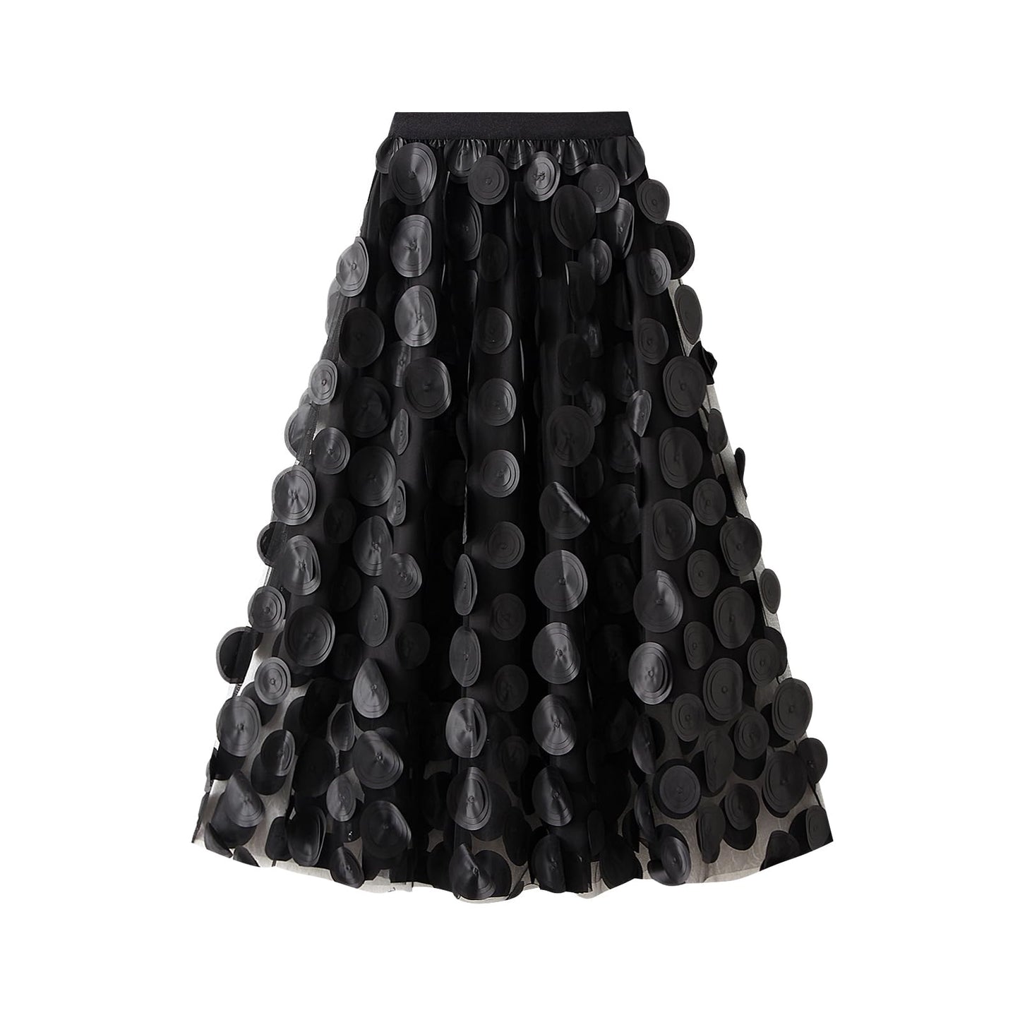 Tulle Skirt Women 3D Polka Dot Elastic Waist Mesh Flowy A-Line Midi Skirts Wedding Halloween Party Outfit (Black, One Size)