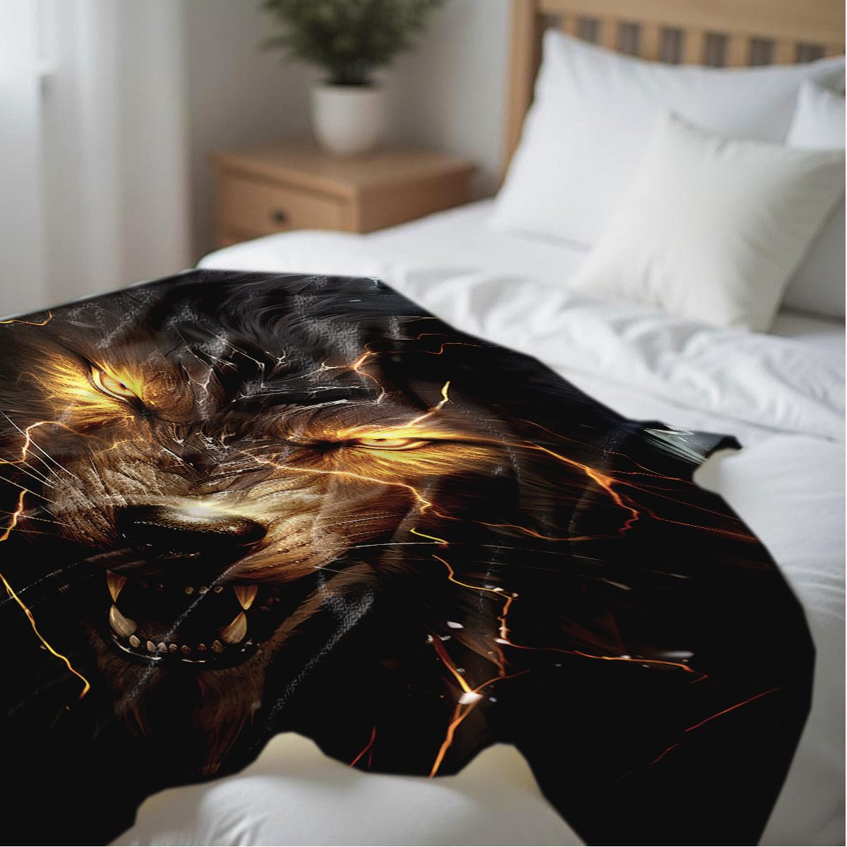 HUNXIAOJ Printed Bed Blanket Black and Gold Animal Throw Wolf Flannel Blankets Queen Size Blankets for Men Boy Bed Sofa Office Chair Blanket (59"x78")