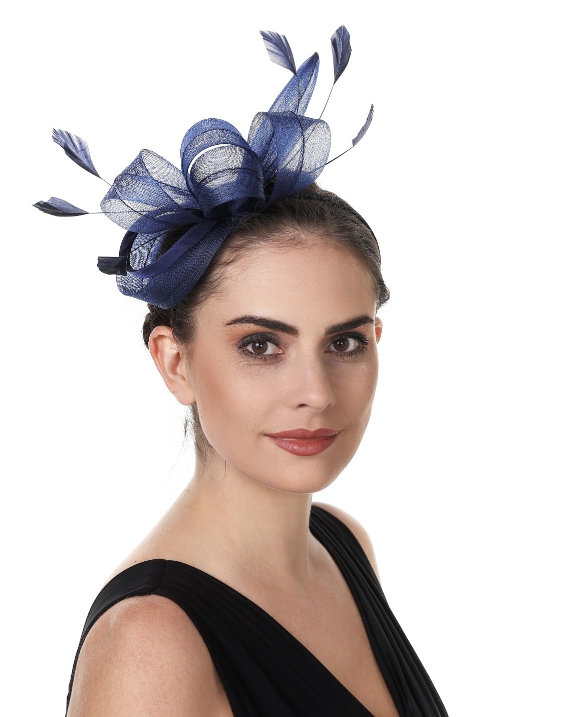 Sinamay Flower Feather Headband Fascinator Wedding Headwear Ladies Race Royal Ascot Pillbox Wedding Cocktail Tea Party Derby Hat for Women（B4-Navy）