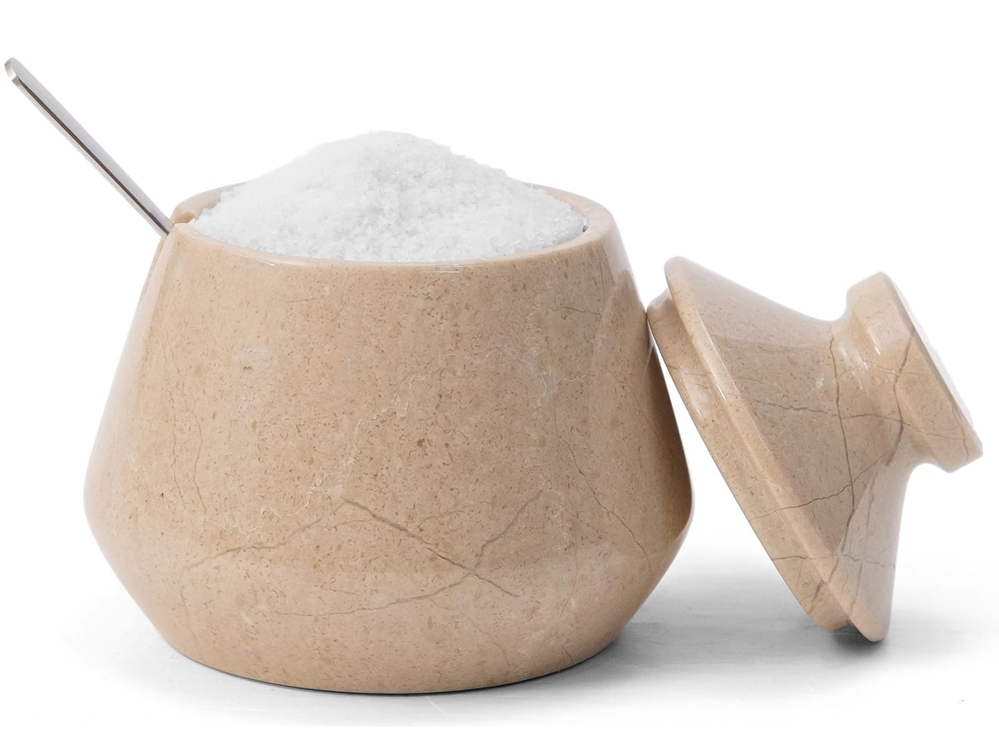 EARTHEN CRAFTS Marble Salt Cellar with Lid 3 Inches Beige Salt Keeper Salt Box, Seasoning Container & Spice Jar with Spoon, Stone Salt Holder for Countertop, Ideal Gift for Home & Kitchen Decor