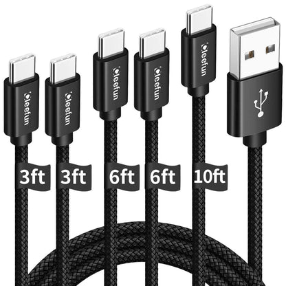 CLEEFUN USB C Cable, USB to USB C Cable, [5 Pack, 3/3/6/6/10 ft] Type C Charger Cable Fast Charging for iPhone 17 16 15 Pro Max Plus Air, for Samsung Galaxy S25 S24 S23 S22 S21 S20 S10 A17 A16 A15