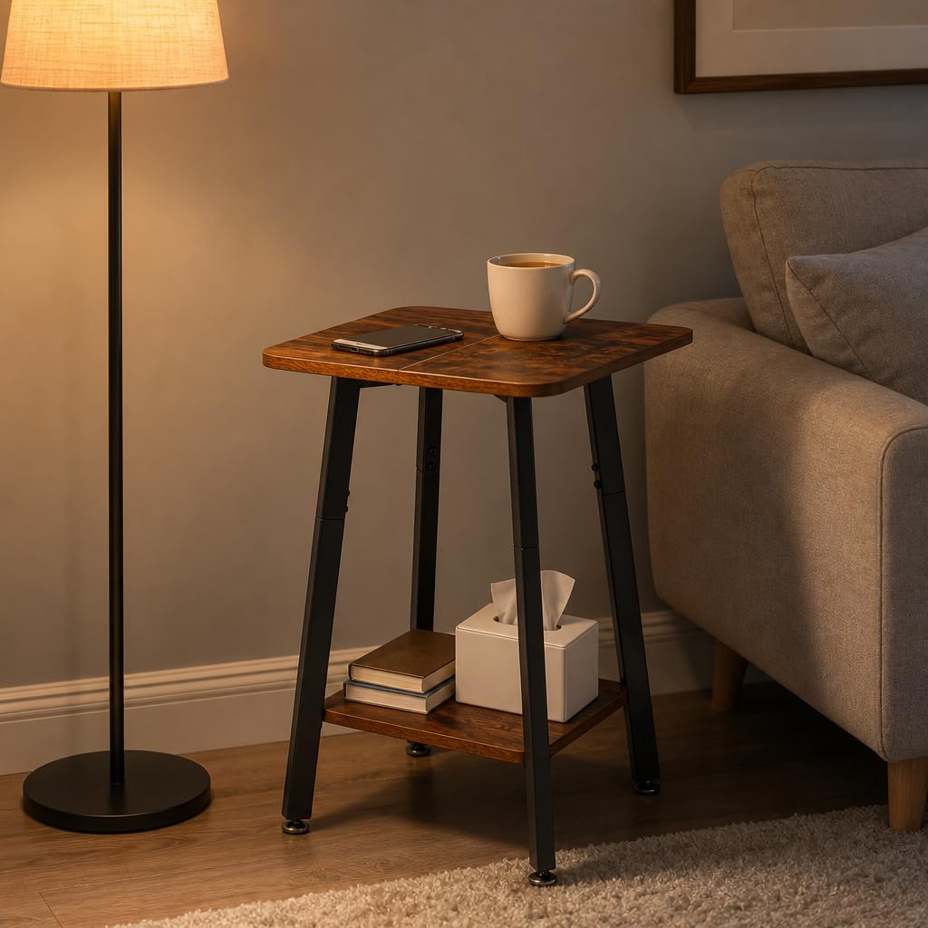 King Oasis Small Side Table for Small Spaces, 2-Tier End Table with Storage Shelf, 15.7-Inch Square Wood and Metal Nightstand for Living Room or Bedroom, Rustic Brown