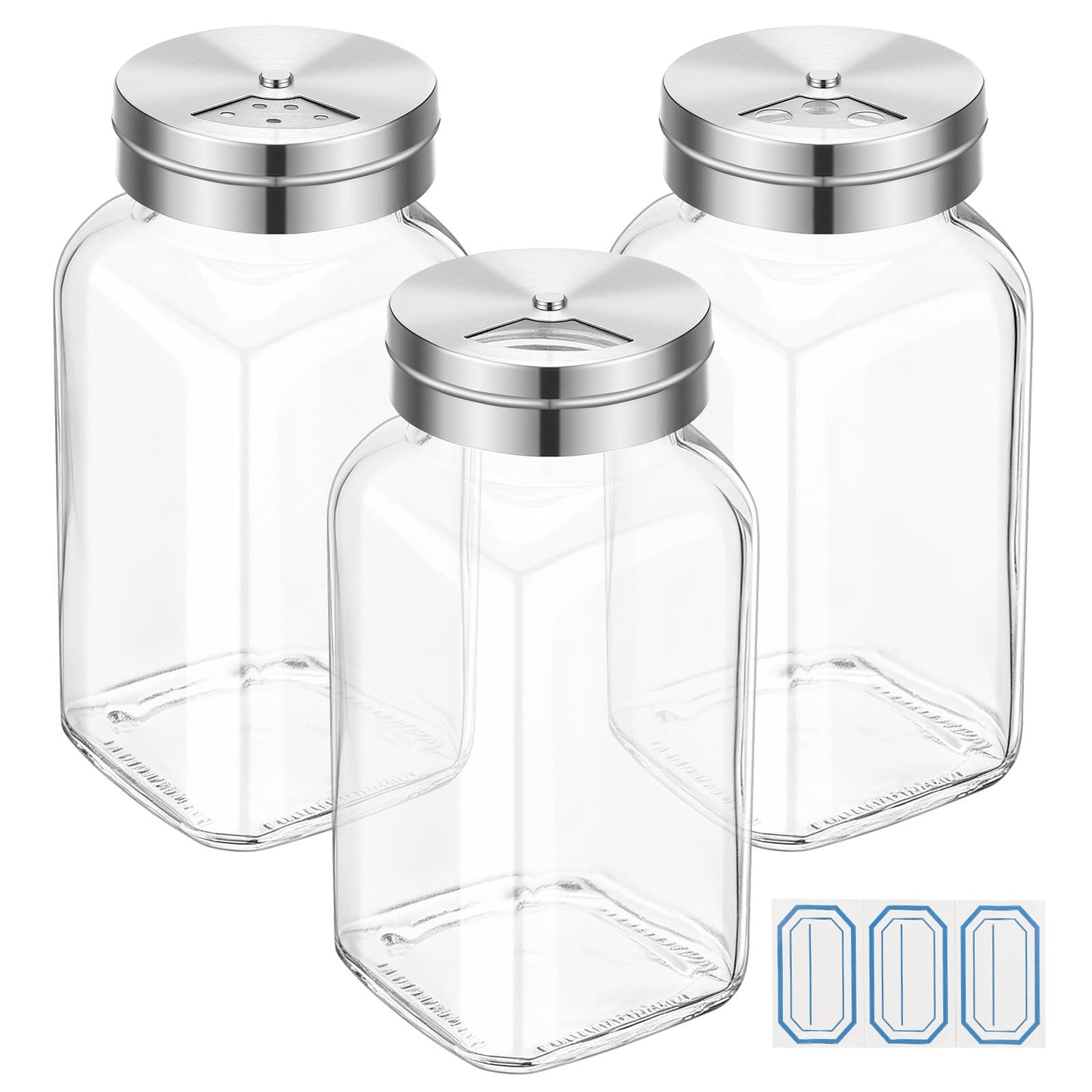 Segarty 6oz Spice Bottles with Stainless Steel Shaker Lids 3 Pack, 180ml Large Square Spice Jars for Salt Sugar, Adjustable Seasoning Storage Bottles with 3 Labels for Condiments Herbs Grains Storage