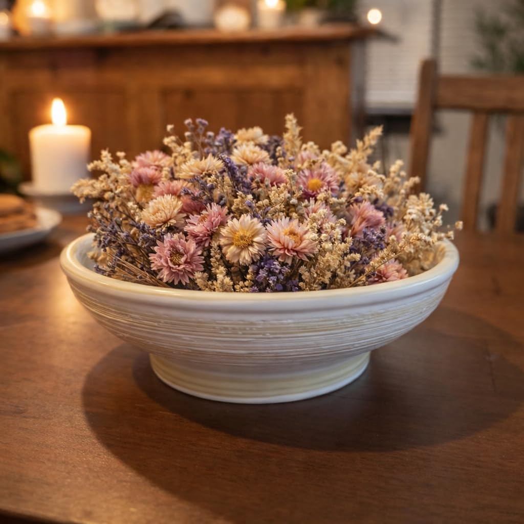 Rliguanrui 9 Inch Decorative Bowl, Embossed Textured Ceramic Centerpiece Bowl for Tabletop, Floral Fruit Display, Kitchen & Dining Serving Bowl, Farmhouse, Bohemian Home Deco