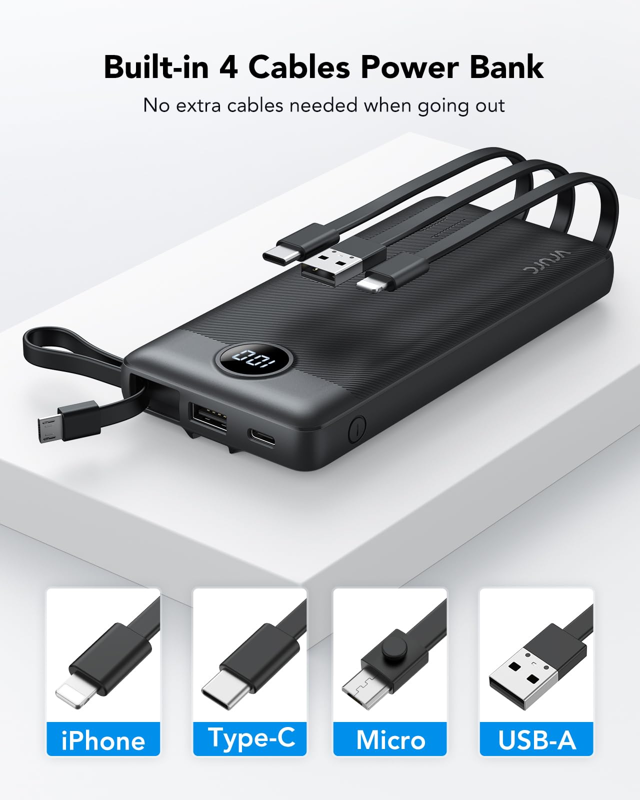 VRURC Power Bank 10000mAh With Built in Cables,USB C Battery Pack Portable Charger with 5 Outputs 2 Inputs Powerbank LED Display compatible with iPhone 16 15 14 Samsung S21 S20 Xiaomi