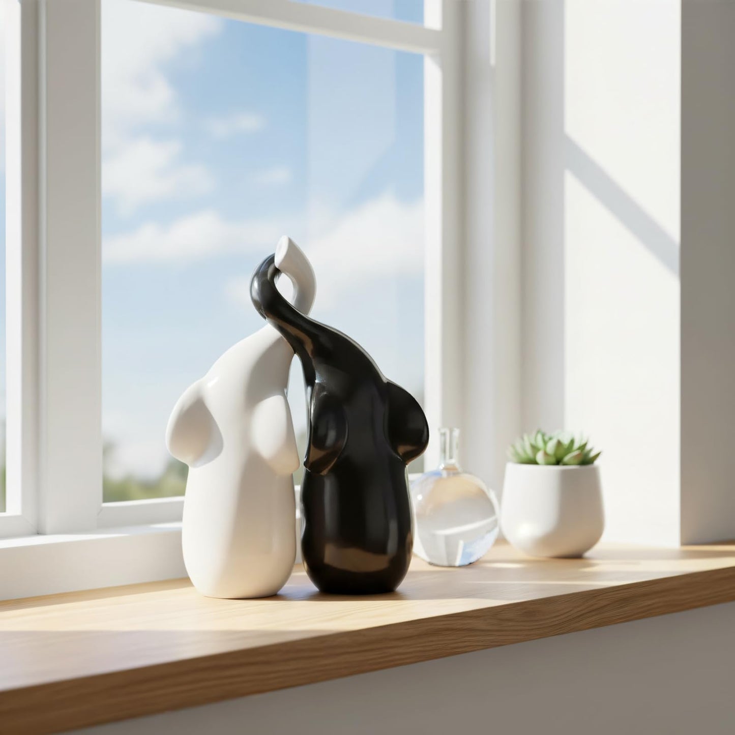 ZFQGEGE Ceramic Elephant Statue Decor - 6" Black & White Elephant Ring Holder Figurines for Living Room, Bedroom, Office Shelf - Valentine's Wedding Gift Ornaments, Anniversary Home Décor Accents