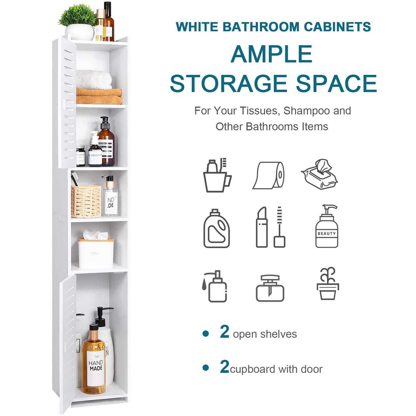 AIIKTOTA BBathroom Storage Cabinet, Floor Standing Display Cabinet, Home Storage Furniture Organizer Unit for Office Living Room Kitchen Entryway, White